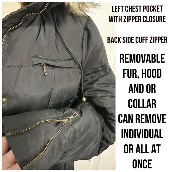 Land’s End, 3/4” Black Quilted Puffer Coat with Removable Hood, Fur & Hood - Picture 6 of 8